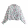 Vrouwen blouses bloemenprint bijgesneden chiffon vrouw zomer lange mouw vrouwen tops elastische zoom tunieken 210430