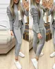 Women's Two Piece Pants Ladies Suit 2021 Autumn And Winter Long-Sleeved Zipper Jacket + Trousers Sports Leisure Stitching Lattice Two-Piece