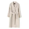 Women's Double Cashmere Wool Coat Turn Down Collar Waves Long Sleeves Fashion Winter Overcoat Outerwear with Belt