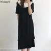 Vestido de escritório elegante para mulheres slim manga curta vestidos pretos senhoras plissado plissado midi coreano chique robe vestidos mujer 210519