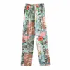 Evfer Summer Fashion Girl Flower Print Za High Waist Long Pants Femlae Casual Back Pocket Elastic Waist Wide Leg Pants Chic Q0801