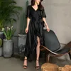 Różowy Czarny Ruffle Wrap Sukienka Pół Rękaw Split Maxi Długie Solidne Flare V Neck Summer D0702 210514