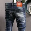 Włoski Styl Moda Mężczyźni Jeans Retro Dark Blue Elastyczna Bawełna Ripped Wysokiej Jakości Vintage Designer Slim Punk Spodnie DEU5