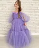 Green Mint Lavender A Line Girls Pageant Dresses Sheer Neck Long Sleeve Floor Length 3D Floral Beads Child Birthday Party Gowns Kids Formal Dress