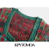 KpyTomoa Kobiety Moda żakardowa Cropped Dzianinowy Sweter Sweter Vintage Kwadratowy Collar Button-Up Kobiet Odzież Odzieży Weszłowe Topy 211018