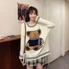 コロバフ日本人女性セーター新しいシックな漫画刺繍女性のスーツムハーヴィンテージスウィートプレッピースタイルストライプセーター210430