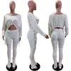 Solides, gerafftes 2-teiliges Set mit Kordelzug für Damen Otufits One-Shoulder-Langarm-Crop-Top und gestapelte Skinny-Hosen-Loungewear-Anzug 211105