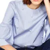 Été femmes Blouse solide couleur bleu cloué perlé corne manches mode col rond hauts femmes vêtements femmes Blouses chemises