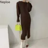 Neploe Eleganr knit klänning Kvinnor Koreanska Chic Robe Vinter Kläder Temperament Puff Sleeve Lace Up Vestidos Split Maxi Klänningar 210422