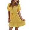 Lato Elegancka Ruffled Drukuj Mini Dress Kobiety Sexy V Neck Moda Drukowane Krótkie Suknie Plażowe Kobiety Sundresses Vestidos 210508