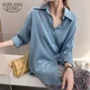 Yaz Bahar Kadın Bluz Kadınsı Blusa Katı 7 Renkler Yaka Hırka Zarif Rahat Artı Boyutu Gevşek Tops 9360 210417