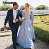 Sky Blue Prom Dresses Bishop Mouwen Hoge Spleet Taffeta Sweetheart A-lijn lange feestjurken