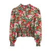 Boho Floral Print Womens Tops en Blouses Puff Sleeve Hollow Out Shirt Elastische Taille Holiday Blouse Top Camisas Mujer 210515