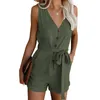 Sleeveless Casual Linen Cotton Summer Romper Overalls for Women Beach Button Sash Playsuit Short Jumpsuit 210427