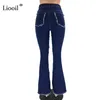 Liooil färgblock Hög midja Flare Jeans med fickor Streetwear Sexiga byxor Bell Bottoms Skinny Patchwork Denim Jean Pants 211129