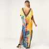 Partykleider 2022 Schnelltrocknendes gelbes böhmisches bedrucktes Schnür-V-Rückseiten-Split-Sommer-Strandkleid Plus Size Damen Beachwear-Kaftan Q904