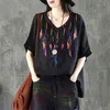 Mulheres Verão Tshirt Plus Size Curto Manga Solta Pena Embroidery V Pescoço Camisetas Lady Algodão Linho Vintage Tee Tops Hx13 210512