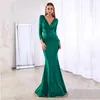 Deep V Neck Full Sleeved Pleated Long Evening Party Dress Satin Floor Length Event Gown Prom Robe Casual Dresses