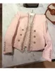 패션 디자인 여성의 핑크 컬러 우아한 트위드 모직 구슬 라인 스톤 버튼 긴 소매 블레이저 코트 카사코스 SML