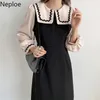 Neploe vestido vintage coreano para mulheres contraste cor retalhos falsificados dois robe vestidos slim cintura manga maxi vestidos 4g165 210422