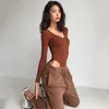 Herfst wnter ins temperament zwart bodysuit bottoming shirt dames jumpsuit sexy slanke lange mouwen U-hals All-match Top 210514