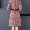 Höst och vinter Kvinnor Vintage Tweed Woolen Red Dress Vestidos Ladies Velvet Patchwork Elegant Plaid Klänningar 210520