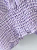 Французский отворот V шеи лаванды проверяют рубашку клетки ретро длинные овечья нога слоеная рукава женская блузка короткие вершины фиолетовый 210429
