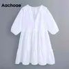 Summer Casual White V Neck Vintage Emboridery Latarnia Rękaw Plisowana Mini Sukienka Vestido de Mujer 210413