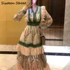 Fashion Vintage Embroidery Dress Female V-neck Long Sleeve High Waist Bodycon Green Mesh Patchwork Elegant Dresses Woman 210603