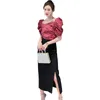 Летние женские ретро цветочный квадратный воротник пузырька рукава высокая талия юбка костюма колена молнии 210416