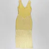 Sommar Golden Bandage Dress Sexig V-Neck Ärmlös TASSEL CELEFTITY Evening Party Runway Vestidos 210527