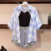 Primavera verão casual mulheres três conjuntos blusa de camisa xadrez + camisola de malha top + buraco jean shorts denim calças terno 3 peça conjunto 210416