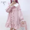 日本のスイートロリータドレス女性原宿固体ピンクの弓ピーターパンカラーコスプレコスチュームカワイイアニメパーティーミニ210520