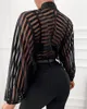 Dames Blouses Shirts Zomer Dames Gestreepte Sheer Mesh Blouse 2021 Mode Femme Casual Mock Lange mouw Keyhole Front Top Office Dames O