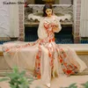 BOHO MAXIドレスのための女性のための刺繍イブニングパーティーロング女性Vネックエレガントなヴィンテージメッシュ女性服210603
