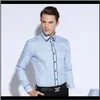 Mens Double Collar Design Solid Long Sleeve Men Dress Slim Fit Buttondown White Office Smart Casual Male Work Shirts 9W1Vu Svzry