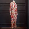 Maxivestido estampado de mujer de manga larga plisado de cintura alta con cuello de pajarita para mujer Vintage Floral africano moda Vestidos 210416