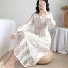 Plus Size S-4XL Sweet Doll Collar Long Dresses Women French Chiffon Lace Dress High Waist Vestido Midi Elegante 13017 210417