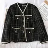 Fall Winter Coat Fashion Plaid Women's Wool Blends Jacket Single Breasted Tweed Small Fragrance Black Outerwear 210514