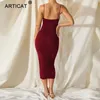 Articat Spaghetti Strap Baklösa Ruched Klänning Solid Ärmlös Långa Klänningar Ladies StreetWear Elastic Modal Party Vestidos X0521