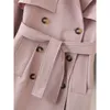 Süße Dame Stilvolle Herbst Rosa Streetwear Lange Jacke mit Gürtel Damenmode Zweireiher Raglanärmel Mantel 210421