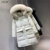 Winter Women White Duck Down Jacket Grande Grande Relata Relata Collar Capuz Casaco Com Capuz Longo Thesso Neve Overcoat 210430