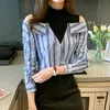 KIMUTOMO Mode Gestreept Off Shoulder Blouse Dames Lente Korea Stijl Dames Fake Twee Stuk Half Turtleneck Shirt 210521