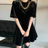 MATAKAWA Slim Waist Femme Robe Korean Chic Retro Round Neck Vestidos Chain Decoration Puff Sleeve Velvet Mini Dresses for Women 210513