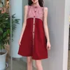 PERHAPS U Red Plaid Patchwork O Neck Single-breasted Tank Sleeveless Dress Sweet Summer Vintage D1669 210529