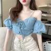 Summer Women Casual Vintage Denim Spaghetti Strap Off Shoulder Puff Short Sleeve shirt Tops Female Sexy Club Lace-up 210510