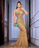 2023 Plus Size Arabic Aso Ebi Gold Mermaid Prom Dresses High Neck Lace Pärled Evening Formal Party Second Reception GOWNS Födelsedagsklänning ZJ114