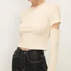 Mode Chic Crop Top Dames O Hals Casual Gebreide Beige Effen Lange Mouw Slanke Tuniek Holte T-shirts Streetwear 210422