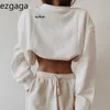 Ezgaga Hoodies Women Autumn Letter Embroidery Slim Waist O-Neck Sports Sweatshirt Loose Ladies Tops Fitness Tracksuit Fashion 210430