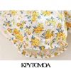Kpytomoaの女性のファッション巾着花柄のプリントクロップされたブラウスヴィンテージパフスリーブバック弾性女性シャツシックなトップ210719